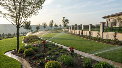 Automatic water sprinklers irrigating lush landscaped garden, professional lawn care and garden maintenance service, sustainable outdoor watering system for residential property