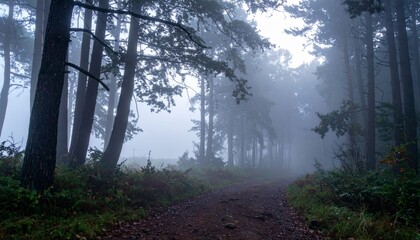 Fototapeta premium Serene Foggy Path Through Dense Forest with Tall Trees in Fog