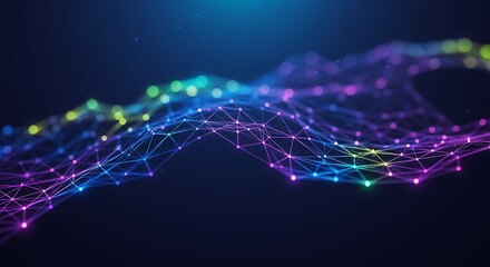 Abstract network of interconnected nodes and lines, creating a colorful, glowing, and dynamic wave-like pattern against a dark blue background.
