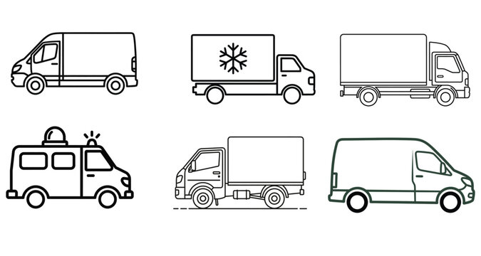 Set of Delivery Van and Cargo Truck Vector Icons &ndash; Transport, Logistic, and Commercial Vehicle Illustration