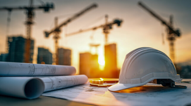 Construction project planning with blueprints and safety helmet on site desk as cranes and city buildings are silhouetted against a golden sunset background