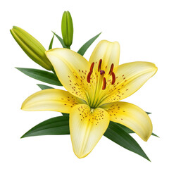Obraz premium Yellow lily flower with buds and leaves isolated on transparent background