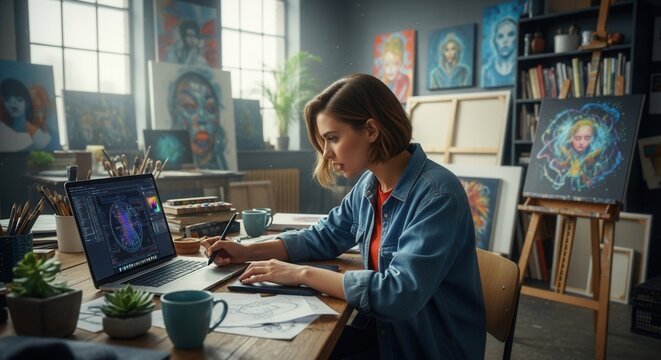 Artist works on laptop in a lightfilled studio amidst her paintings sketches - Powered by Adobe