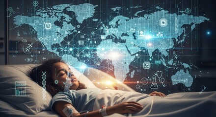 Child in bed medical visuals world map icons DNA graphs IV drip visible