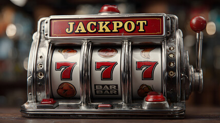 Vintage slot machine close up with jackpot on the display and the lucky sevens.