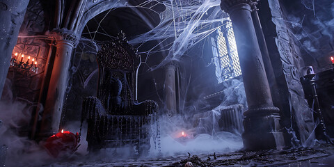 Mysterious abandoned throne room covered in cobwebs and eerie fog.
