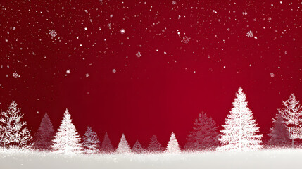 A beautiful Christmas scene with falling snow over white trees against a red background 