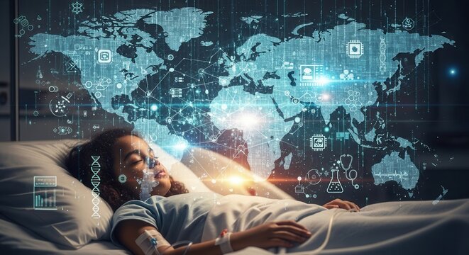 Child in bed medical visuals world map icons DNA graphs IV drip visible