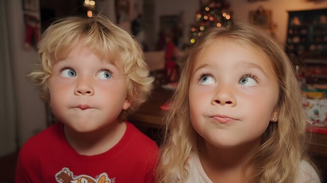 Two children enjoying the festive atmosphere during Thanksgiving dinner surrounded by holiday decorations and joy