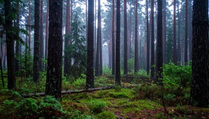 Obraz premium Misty Forest Scene with Tall Trees and Lush Green Underbrush