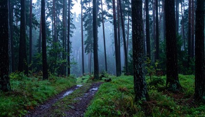 Obraz premium Misty Forest Path with Tall Trees and Lush Greenery in Fog