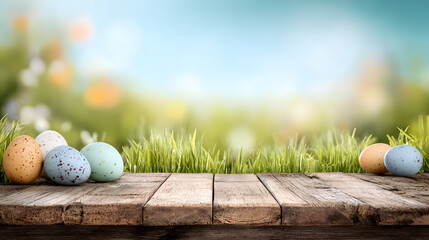 Easter eggs on a rustic wooden table for mockup celebrating springtime background