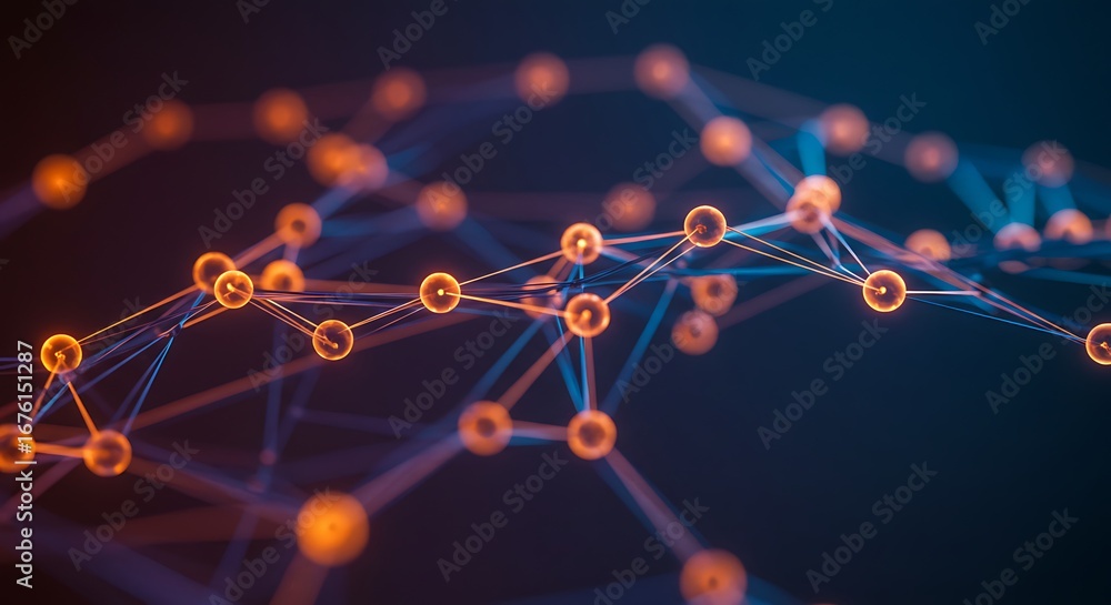 Poster abstract representation of interconnected nodes, forming a network structure, with glowing orange sp