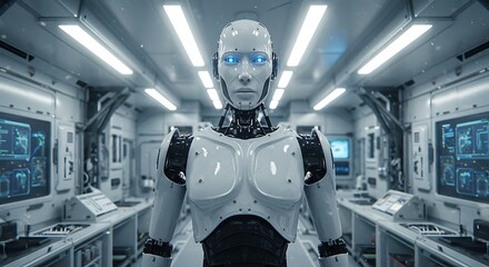 A humanoid robot with glowing blue eyes stands in a futuristic laboratory environment, surrounded by screens and robotic arms.
