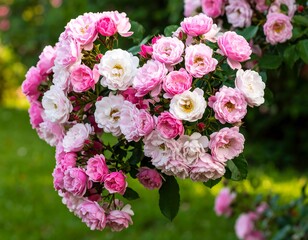 A cluster of vibrant pink and white roses