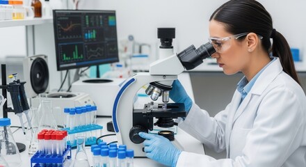 Scientist in lab coat examines specimen through microscope in laboratory