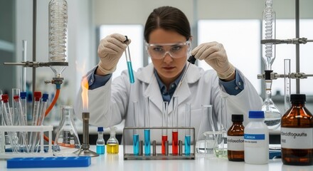 Scientist in lab coat wearing safety goggles uses a pipette with a blue liquidfilled test tube surrounded by lab equipment