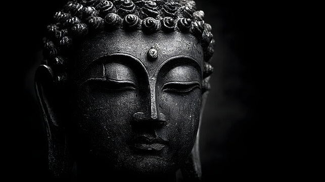 A serene black and white portrait of a Buddha statue exuding peace and tranquility