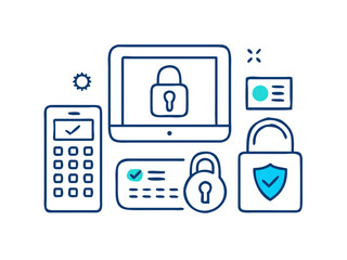 Digital security and online protection concept with locks and devices
