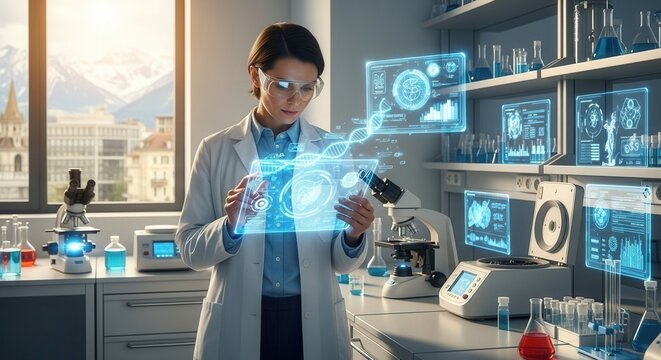 Scientist views holographic tablet in lab with hightech equipment and scenic cityscape backdrop