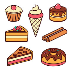 Illustration of various desserts such as cake, donut, ice cream, cupcake isolated on white background