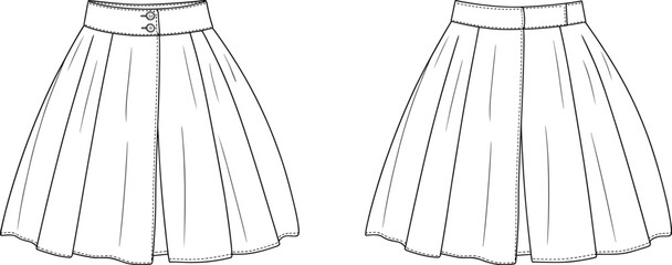 Flared pleated skirt technical fashion flat front view with waistband variations, button detail, center seam, apparel garment vector illustration design