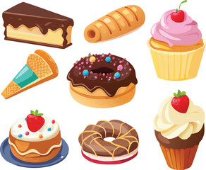 Illustration of various desserts such as cake, donut, ice cream, cupcake on white background