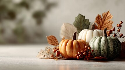 Thanksgiving decoration featuring colorful pumpkins and autumn leaves on a neutral background