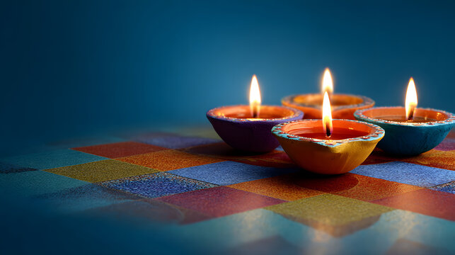 Diwali diyas illuminate the scene with warm, vibrant light, celebrating the festival 