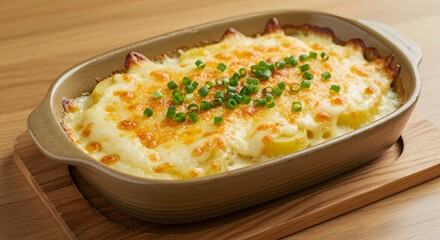 A close up of scalloped potatoes in a ceramic baking dish topped with green onions on a wooden surface