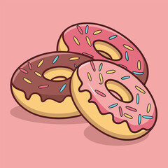 Three delicious donuts with pink and chocolate icing and colorful sprinkles on a pink background
