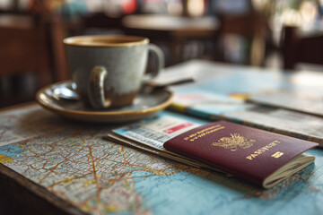 Close-up of passport and boarding pass on a cafe table with coffee and travel map