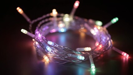 Colorful LED String Lights in a Circle - A close-up shot of colorful flexible LED string lights arranged in a circle on a dark surface. - Powered by Adobe