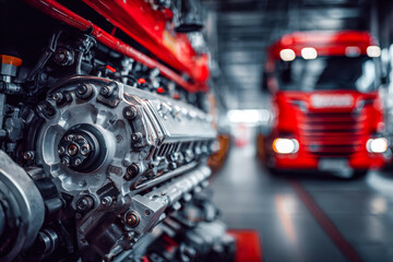 Fototapeta premium Close-up of a high-performance engine in a modern vehicle workshop with a red truck in the background