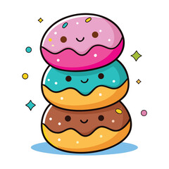 Adorable stack of three kawaii donuts with cute faces isolated on white background, perfect for kids