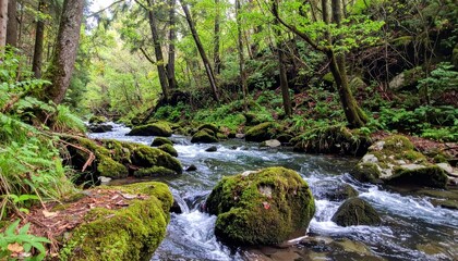 Obraz premium Tranquil Forest Stream Flowing Over Mossy Rocks in Lush Greenery