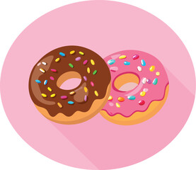 Two delicious donuts with chocolate and pink frosting on a pink background