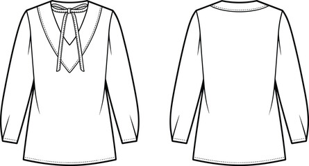Technical fashion flat sketch of women’s long sleeve blouse with V neckline bow tie detail, front and back garment construction views