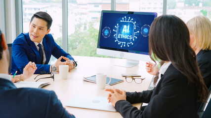 AI ethics responsibility standard law and rules on computer screen provide report of AI ethic transparency preventing technology crime. brisk