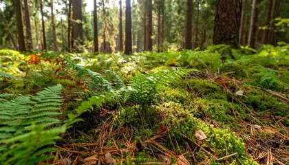 Fototapeta premium Lush Green Ferns and Moss in Sunlit Forest Setting