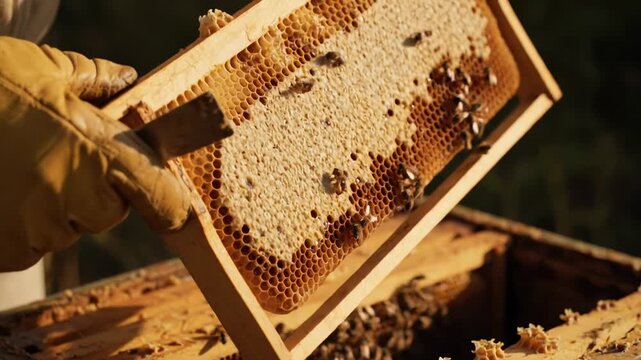 Beekeeper Harvesting Honeycomb - Close-up of a beekeeper's gloved hands gently removing a honeycomb frame from a beehive. Bees are visible on the frame and inside the hive in natural sunlight.