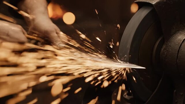 Blacksmith Sharpening Sword on Grindstone - Close-up view of a blacksmith sharpening a sword on a grindstone, sparks flying from the metal.