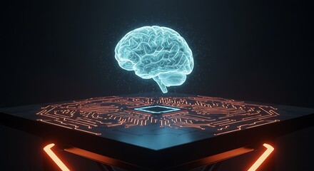 A glowing, holographic brain floats above a circuit board, symbolizing artificial intelligence.