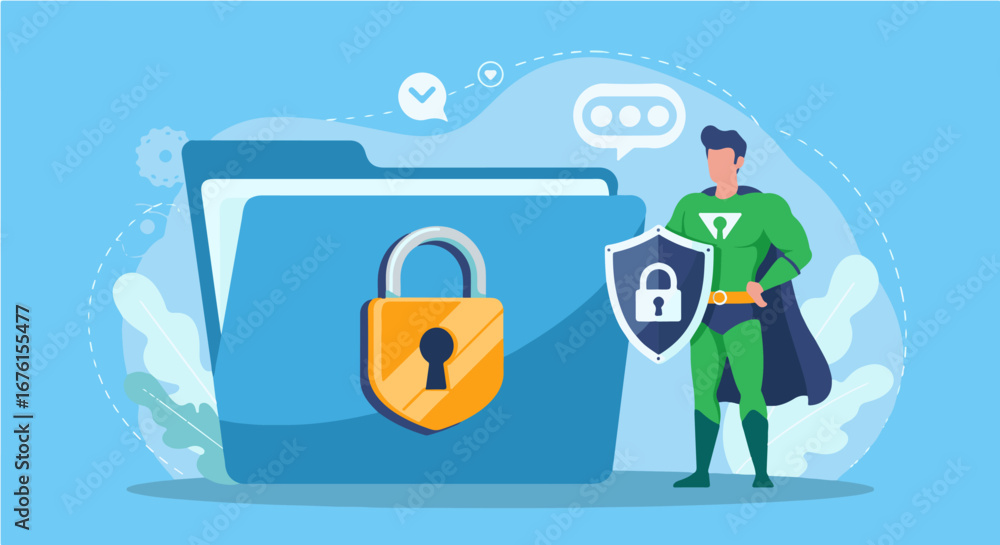 Poster superhero protects digital data with a shield and locked folder, symbolizing cybersecurity and data 
