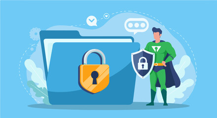 Superhero protects digital data with a shield and locked folder, symbolizing cybersecurity and data protection.