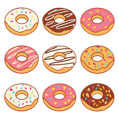 Colorful donuts with various toppings isolated on white background, a sweet and delicious treat for everyone