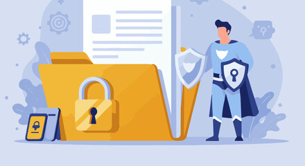 A cartoon superhero protects a folder containing documents, symbolizing data security and privacy.