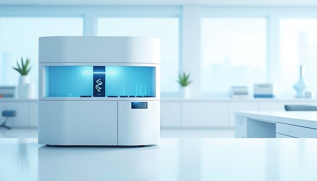 Modern White Lab Machine with Blue Light in Minimalist Office - Powered by Adobe
