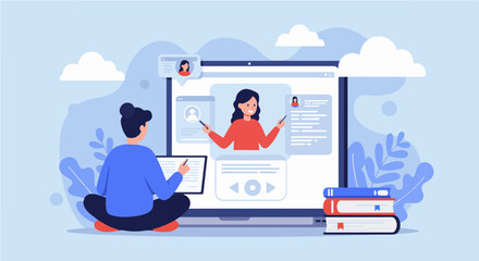 A person on a laptop attending an online class with a tutor.