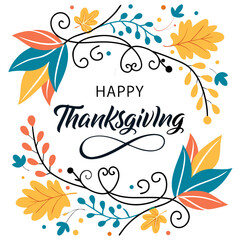 Happy Thanksgiving typography with decorative calligraphy text, surrounded by colorful autumn leaves 